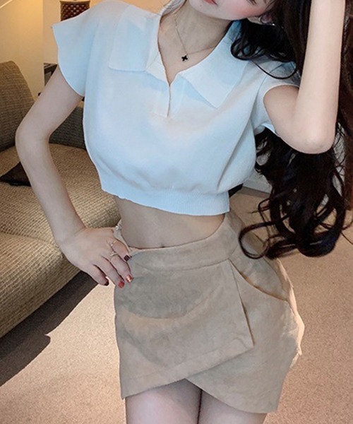 GLAMOROUS JANE(グラマラスジェーン)の「スキッパークロップド丈半袖ポロニット(ニット/セーター・レディース・ベージュ/ホワイト/ブラウン/ブラック・FREE)」の10枚目の写真