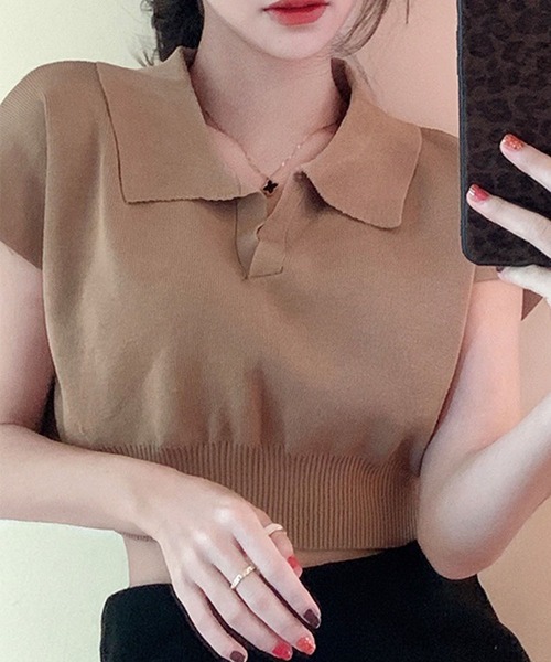 GLAMOROUS JANE(グラマラスジェーン)の「スキッパークロップド丈半袖ポロニット(ニット/セーター・レディース・ベージュ/ホワイト/ブラウン/ブラック・FREE)」の12枚目の写真