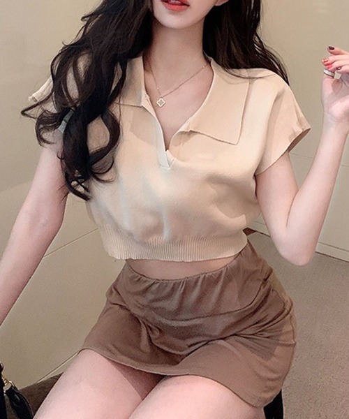 GLAMOROUS JANE(グラマラスジェーン)の「スキッパークロップド丈半袖ポロニット(ニット/セーター・レディース・ベージュ/ホワイト/ブラウン/ブラック・FREE)」の15枚目の写真