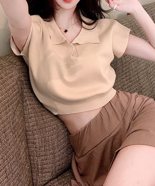 GLAMOROUS JANE(グラマラスジェーン)の「スキッパークロップド丈半袖ポロニット(ニット/セーター・レディース・ベージュ/ホワイト/ブラウン/ブラック・FREE)」の16枚目の写真