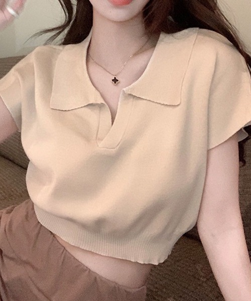 GLAMOROUS JANE(グラマラスジェーン)の「スキッパークロップド丈半袖ポロニット(ニット/セーター・レディース・ベージュ/ホワイト/ブラウン/ブラック・FREE)」の17枚目の写真