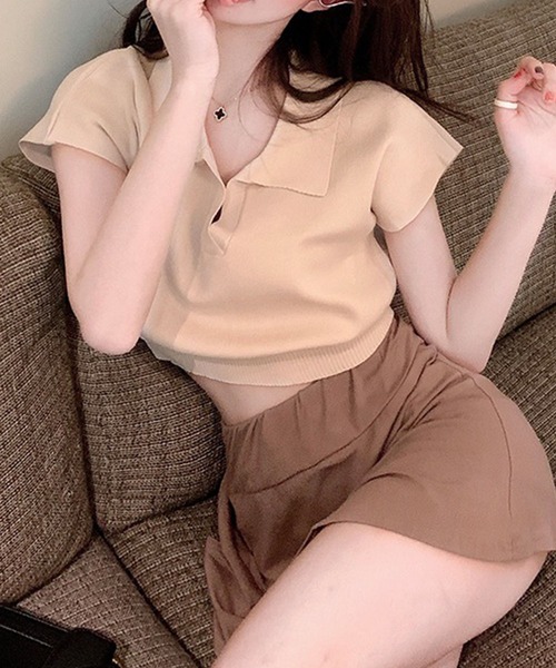 GLAMOROUS JANE(グラマラスジェーン)の「スキッパークロップド丈半袖ポロニット(ニット/セーター・レディース・ベージュ/ホワイト/ブラウン/ブラック・FREE)」の18枚目の写真