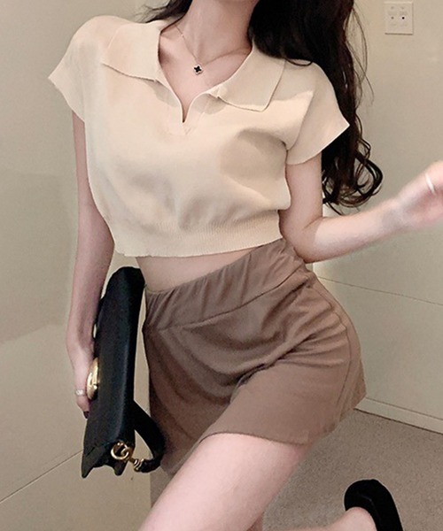 GLAMOROUS JANE(グラマラスジェーン)の「スキッパークロップド丈半袖ポロニット(ニット/セーター・レディース・ベージュ/ホワイト/ブラウン/ブラック・FREE)」の19枚目の写真