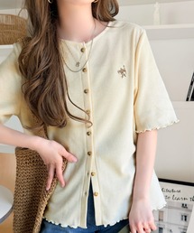 半袖刺繍カーディガン   ホワイト カーディガン/ボレロ（ホワイト/白色系・刺繍）ファッション通販