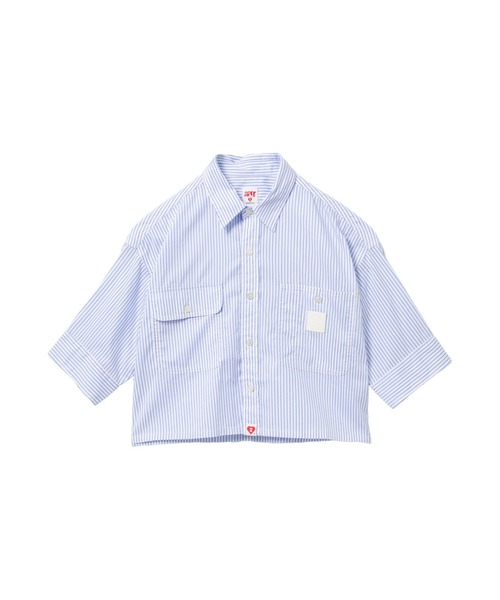 A BATHING APE(アベイシングエイプ)の「PU BADGE SHORT SLEEVES CANDY STRIPE SHIRT(シャツ/ブラウス・レディース・ブルー・X-SMALL/SMALL)」の1枚目の写真