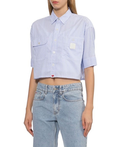 A BATHING APE(アベイシングエイプ)の「PU BADGE SHORT SLEEVES CANDY STRIPE SHIRT(シャツ/ブラウス・レディース・ブルー・X-SMALL/SMALL)」の3枚目の写真