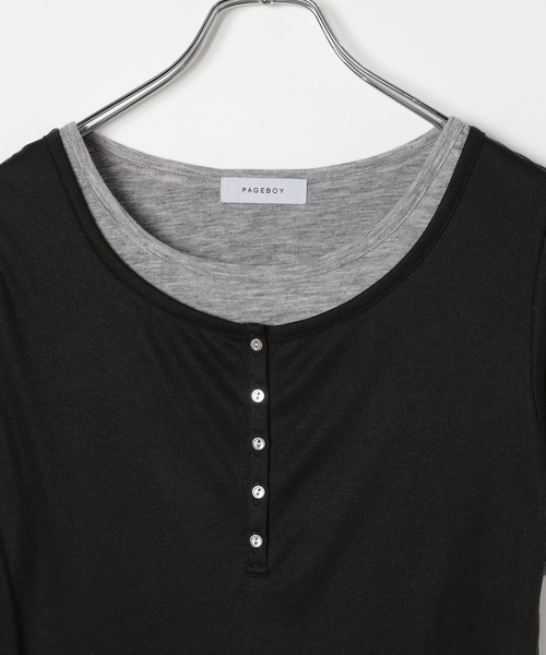PAGEBOY（ページボーイ）の「【1枚でレイヤードが叶う・新色追加】フェイクレイヤードヘンリートップス/半袖Tシャツ（Tシャツ/カットソー・レディース・イエロー/ブラック/ブルー/グレー/ブラウン/ライトグレー・FREE）」の19枚目の写真
