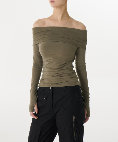 MUSINSA STANDARD WOMAN（ムシンサスタンダードウーマン）の「ウィメンズ テンセル ターンダウン オフショルダー 長袖Tシャツ [ダスティカーキ]（Tシャツ/カットソー・レディース・その他・SMALL/LARGE/MEDIUM/X-SMALL）」の11枚目の写真