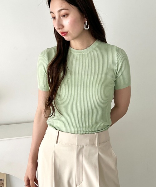LOVALOT（ラバロット）の「クルーネック 半袖リブニット（Tシャツ/カットソー・レディース・ブラック/グリーン/ホワイト・FREE）」の3枚目の写真