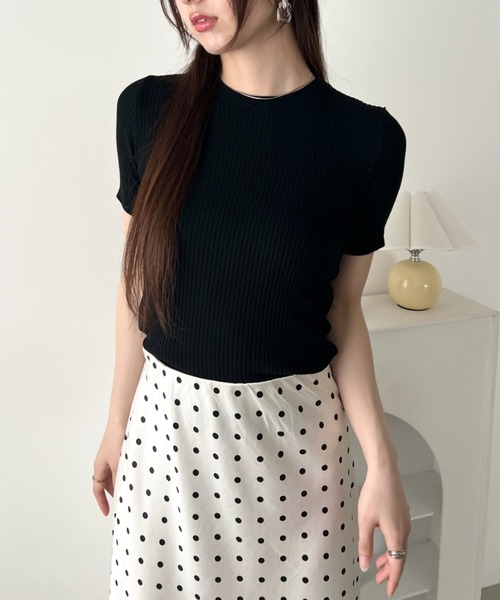 LOVALOT（ラバロット）の「クルーネック 半袖リブニット（Tシャツ/カットソー・レディース・ブラック/グリーン/ホワイト・FREE）」の15枚目の写真