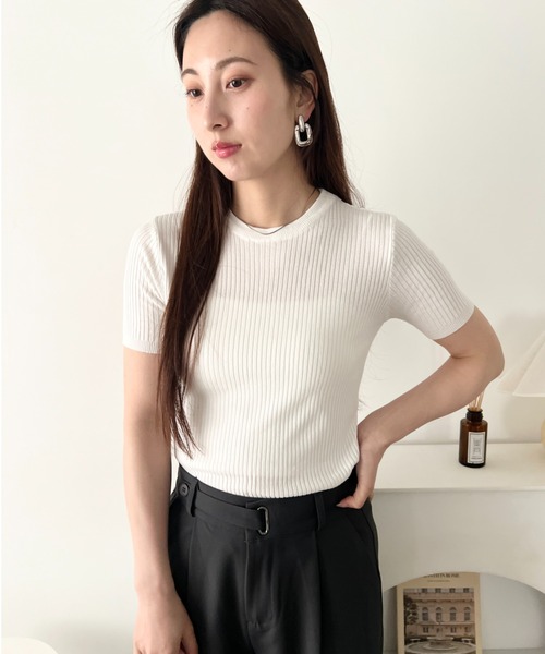 LOVALOT（ラバロット）の「クルーネック 半袖リブニット（Tシャツ/カットソー・レディース・ブラック/グリーン/ホワイト・FREE）」の5枚目の写真