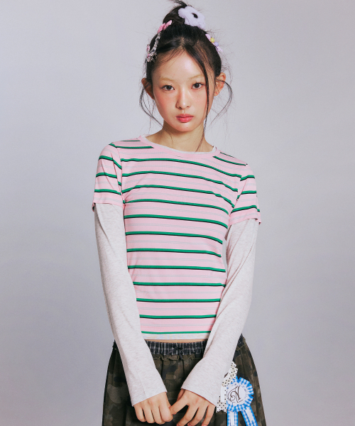 YOUHEE(ユヒ)の「CANDY STRIPE LAYERED LONG SLEEVE_PINK(Tシャツ/カットソー・レディース・その他・FREE)」の1枚目の写真