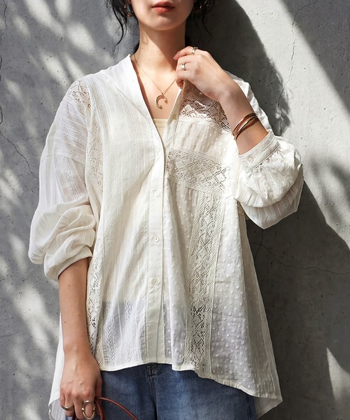 antiqua(アンティカ)の「インド綿 レース シャツ(シャツ/ブラウス・レディース・ブラック/オフホワイト・ONESIZE)」の2枚目の写真