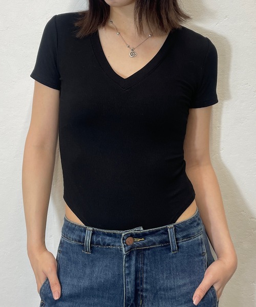 ROGER AND RAW（ロジャーアンドロウ）の「Vネック ボディースーツ半袖トップス（Tシャツ/カットソー・レディース・ホワイト/ブラック/モカ・FREE）」の17枚目の写真