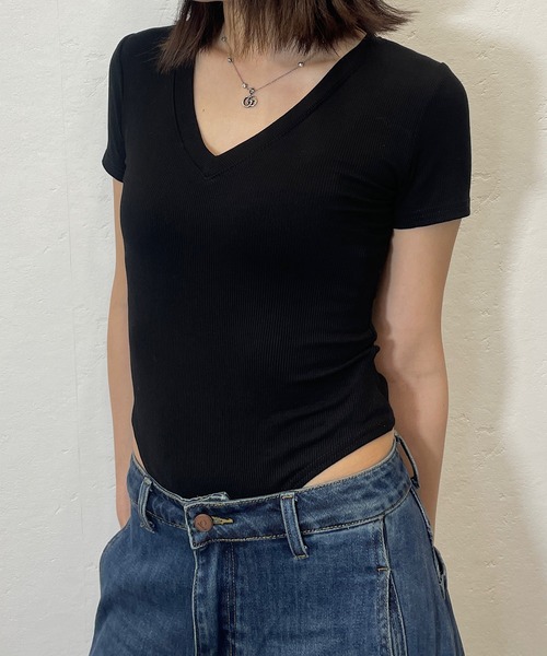 ROPÉ(ロペ) Vネック半袖ウェア ロマロのブラック / (トップス 【洗える】クリア天竺Vネック5分袖カットソー メンズウェア