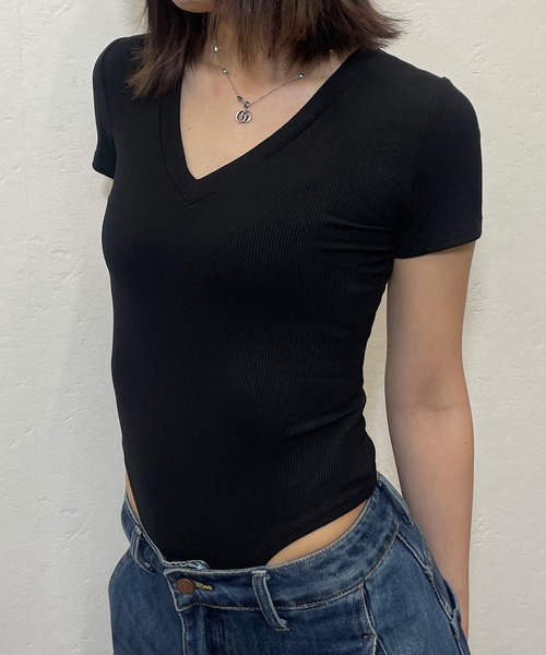 ROGER AND RAW（ロジャーアンドロウ）の「Vネック ボディースーツ半袖トップス（Tシャツ/カットソー・レディース・ホワイト/ブラック/モカ・FREE）」の16枚目の写真