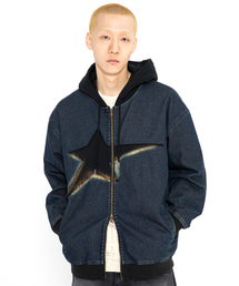 XTONZ（エクストーンズ）の「XTT061 ヴィンテージウォッシングスター デニム フードジップアップ (ディープブルー)（パーカー）」
