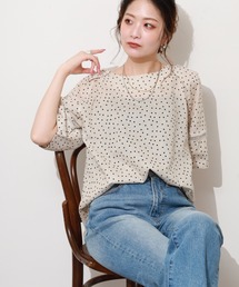 EGLANTINE 麻混ドットプリントブラウス 半端袖