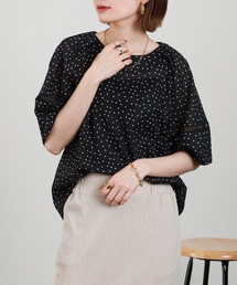EGLANTINE 麻混ドットプリントブラウス 半端袖