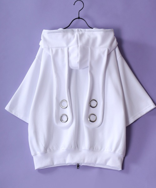 SITRY(シトリー)の「Rabbit Ears Zip Hoodie/うさ耳付きフード ダブルジップ 半袖 ジップパーカー フーディー(パーカー・レディース・ホワイト/ブラック・L/M)」の3枚目の写真