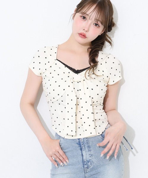one after another NICE CLAUP(ワンアフターアナザーナイスクラップ)の「【hinano企画】レース付きフロントリボンTee(Tシャツ/カットソー・レディース・ドット/ベージュ/ピンク/ブラック・FREE)」の4枚目の写真