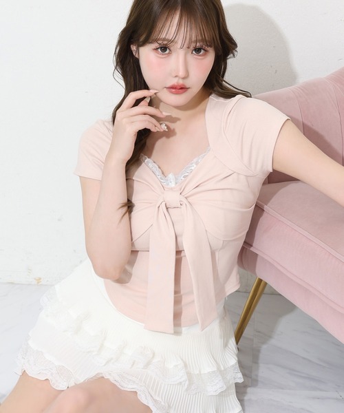 one after another NICE CLAUP(ワンアフターアナザーナイスクラップ)の「【hinano企画】レース付きフロントリボンTee(Tシャツ/カットソー・レディース・ドット/ベージュ/ピンク/ブラック・FREE)」の2枚目の写真