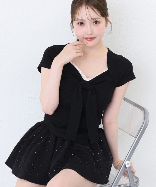 one after another NICE CLAUP(ワンアフターアナザーナイスクラップ)の「【hinano企画】レース付きフロントリボンTee(Tシャツ/カットソー・レディース・ドット/ベージュ/ピンク/ブラック・FREE)」の1枚目の写真