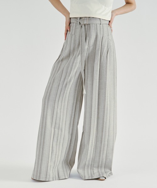 Ezick(エジック)の「Linen-feel striped pants/リネンライクストライプワイドパンツ【ベルト付き】(スラックス・レディース・グレー/ブラック・FREE)」の1枚目の写真