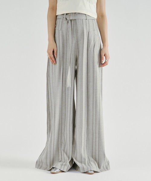 Ezick(エジック)の「Linen-feel striped pants/リネンライクストライプワイドパンツ【ベルト付き】(スラックス・レディース・グレー/ブラック・FREE)」の15枚目の写真