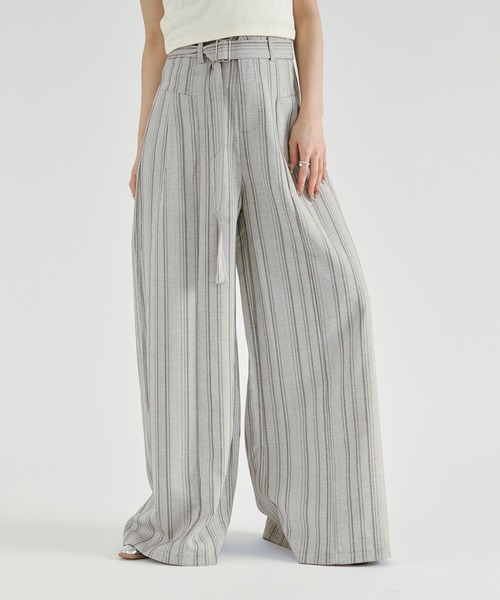 Ezick(エジック)の「Linen-feel striped pants/リネンライクストライプワイドパンツ【ベルト付き】(スラックス・レディース・グレー/ブラック・FREE)」の14枚目の写真
