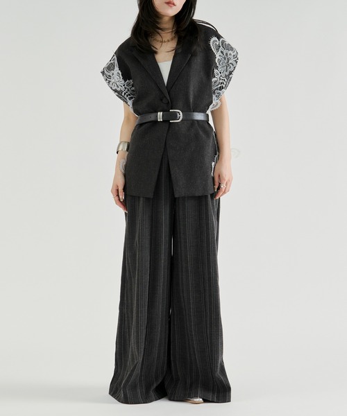 Ezick(エジック)の「Linen-feel striped pants/リネンライクストライプワイドパンツ【ベルト付き】(スラックス・レディース・グレー/ブラック・FREE)」の22枚目の写真