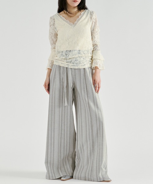 Ezick(エジック)の「Linen-feel striped pants/リネンライクストライプワイドパンツ【ベルト付き】(スラックス・レディース・グレー/ブラック・FREE)」の11枚目の写真