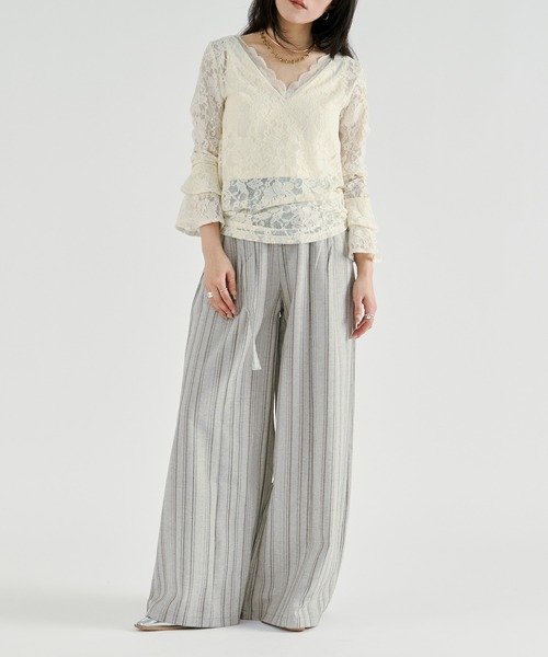 Ezick(エジック)の「Linen-feel striped pants/リネンライクストライプワイドパンツ【ベルト付き】(スラックス・レディース・グレー/ブラック・FREE)」の10枚目の写真