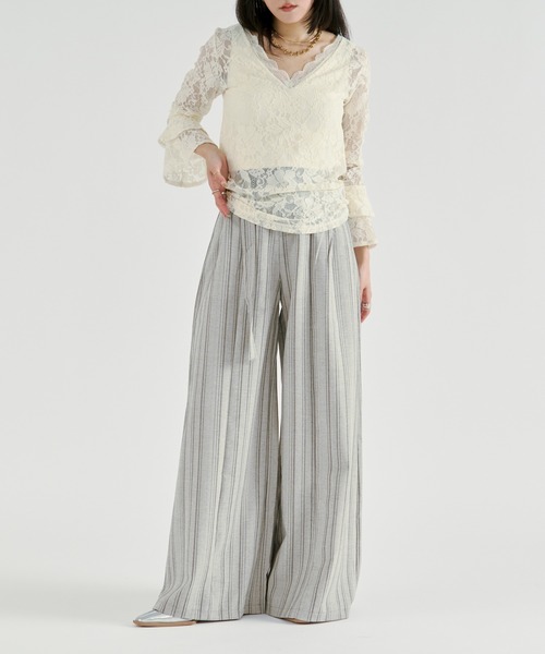 Ezick(エジック)の「Linen-feel striped pants/リネンライクストライプワイドパンツ【ベルト付き】(スラックス・レディース・グレー/ブラック・FREE)」の9枚目の写真