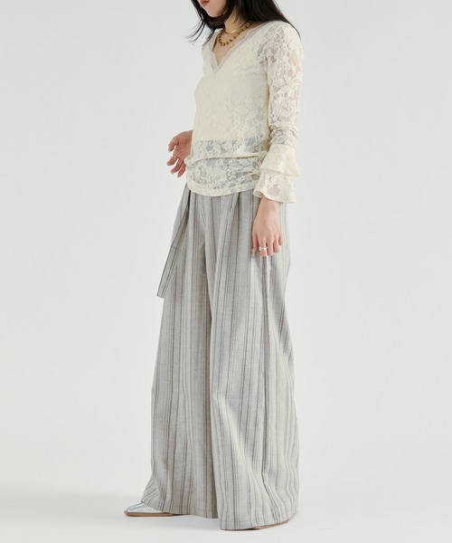 Ezick(エジック)の「Linen-feel striped pants/リネンライクストライプワイドパンツ【ベルト付き】(スラックス・レディース・グレー/ブラック・FREE)」の8枚目の写真