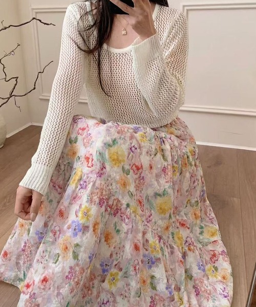 FINEnough(ファインナフ)の「花柄ロングスカート(スカート・レディース・ネイビー/ピンク・FREE)」の5枚目の写真