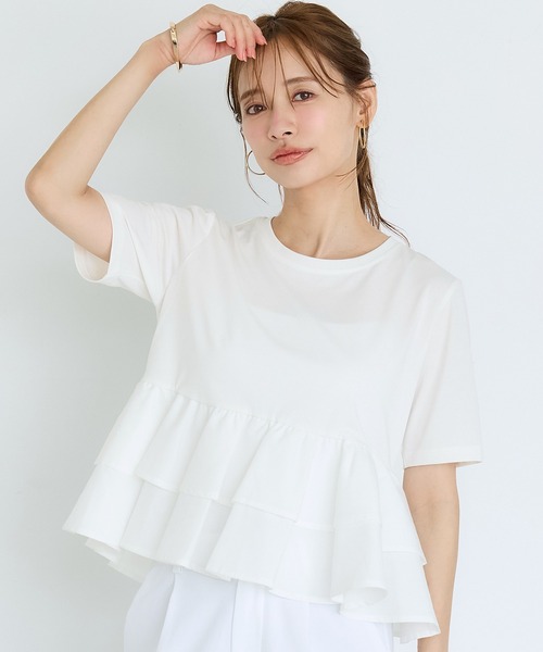 coca(coca)(コカ)の「\接触冷感/ドッキング2段フリルTシャツ(Tシャツ/カットソー・レディース・チャコール/ホワイト・M/L/S)」の2枚目の写真