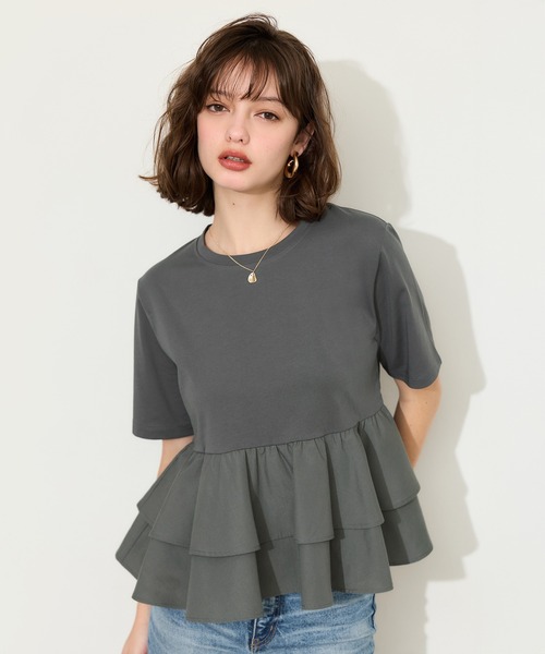 coca(coca)(コカ)の「\接触冷感/ドッキング2段フリルTシャツ(Tシャツ/カットソー・レディース・チャコール/ホワイト・M/L/S)」の11枚目の写真