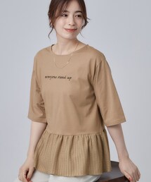 【S-LL】自然に体型カバー 裾切替 ペプラム刺繍Tシャツ