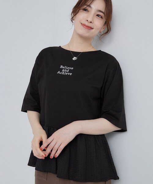 SHOO・LA・RUE(シューラルー)の「【S-LL】自然に体型カバー 裾切替 ペプラム刺繍Tシャツ(Tシャツ/カットソー・レディース・ホワイト/ブラック/ブラウン系/イエロー系その他・01/02/03/04)」の2枚目の写真