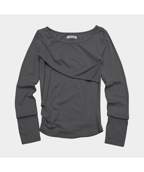 PLACE STUDIO(プレイススタジオ)の「ドレープレイヤードディテールラウンドネックコットンロングスリーブスリムフィットウィメンズTシャツ_3カラー(Tシャツ/カットソー・レディース・チャコール/グレー/ブラック・FREE)」の3枚目の写真