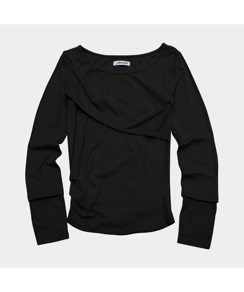PLACE STUDIO(プレイススタジオ)の「ドレープレイヤードディテールラウンドネックコットンロングスリーブスリムフィットウィメンズTシャツ_3カラー(Tシャツ/カットソー・レディース・チャコール/グレー/ブラック・FREE)」の2枚目の写真
