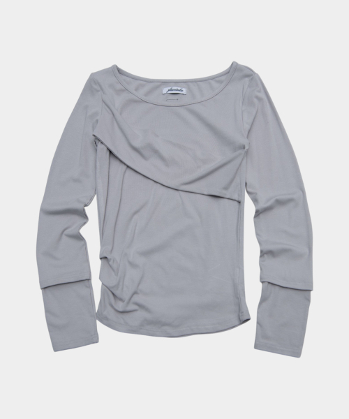 PLACE STUDIO(プレイススタジオ)の「ドレープレイヤードディテールラウンドネックコットンロングスリーブスリムフィットウィメンズTシャツ_3カラー(Tシャツ/カットソー・レディース・チャコール/グレー/ブラック・FREE)」の4枚目の写真