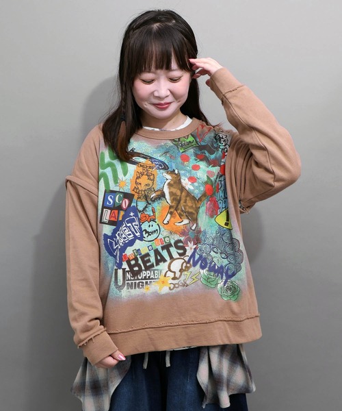 ScoLar（スカラー）の「163651：スプレーアート柄 袖取り外し2WAYプルオーバー（Tシャツ/カットソー・レディース・オートミール/ブラウン/ブラック・M）」の3枚目の写真