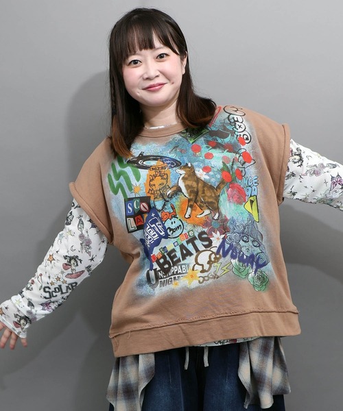 ScoLar（スカラー）の「163651：スプレーアート柄 袖取り外し2WAYプルオーバー（Tシャツ/カットソー・レディース・オートミール/ブラウン/ブラック・M）」の8枚目の写真