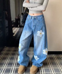 デイジーフラワーワッペン ワイドバギージーンズ