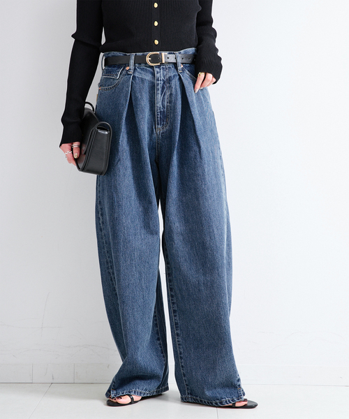 B.C STOCK(ベーセーストック)の「ウォッシャブル / DU JOUR / デュ ジュール TUCK BARREL JEAN(デニムパンツ・レディース・ブラウン/ネイビー/ブルー・36/38)」の3枚目の写真
