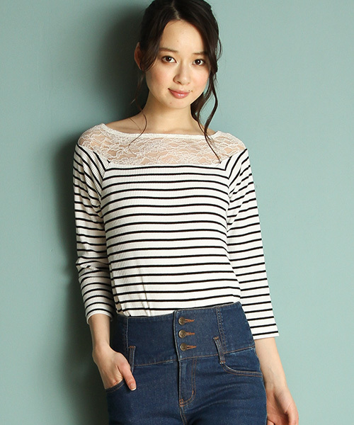 Honeys(ハニーズ)の「レース切替プルオーバー(Tシャツ/カットソー・レディース・ピンク/ブラック/ホワイト×ブラック/オフホワイト/杢グレー・M/L)」の2枚目の写真