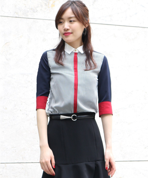 GUILD PRIME(ギルドプライム)の「★WEB限定★【GUILD PRIME】WOMENS ハーフスリーブカラーブロッキングシャツ(シャツ/ブラウス・レディース・ネイビー・34/36)」の1枚目の写真