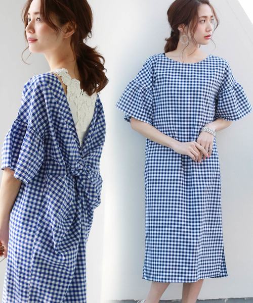 REAL CUBE（リアルキューブ）の「REAL CUBE 前後2WAYギンガムチェックワンピース（ワンピース・レディース・ブラック/ネイビー/ブルー・M/L）」の3枚目の写真